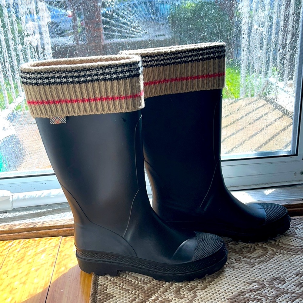 Burberry rain boots with sweater fabric on top